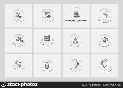 Vector icon and logo for coffee making equipment. Editable outline stroke size. Line flat contour, thin and linear design. Simple icons. Concept illustration. Sign, symbol, element.. Vector icon and logo for coffee making equipment. Editable outline stroke size. Line flat contour, thin and linear design. Simple icons. Concept illustration