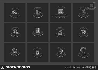 Vector icon and logo for coffee making equipment. Editable outline stroke size. Line flat contour, thin and linear design. Simple icons. Concept illustration. Sign, symbol, element.. Vector icon and logo for coffee making equipment. Editable outline stroke size. Line flat contour, thin and linear design. Simple icons. Concept illustration
