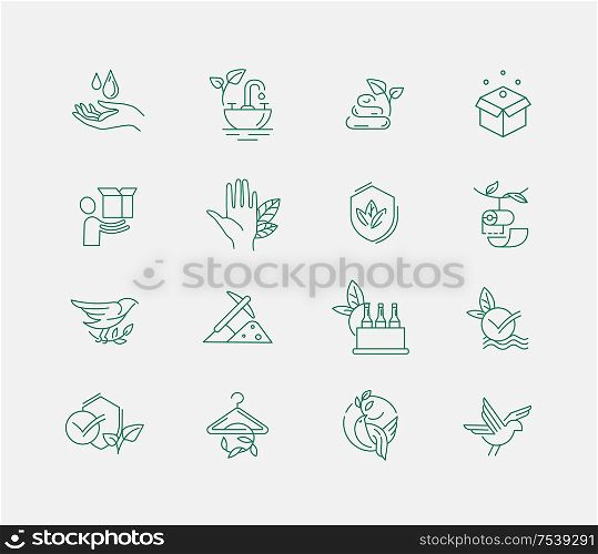 Vector icon and logo for environmental protection and recycling. Editable outline stroke size. Line flat contour, thin and linear design. Simple icons. Concept illustration. Sign, symbol, element.. Vector icon and logo for environmental protection and recycling