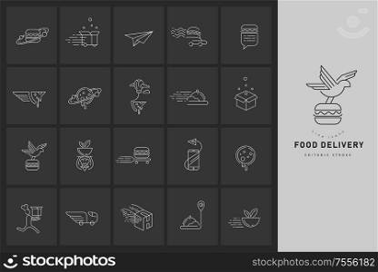 Vector icon and logo for food online deliwery. Editable outline stroke size. Line flat contour, thin and linear design. Simple icons. Concept illustration. Sign, symbol, element.. Vector icon and logo for food online deliwery. Editable outline stroke size. Line flat contour, thin and linear design. Simple icons. Concept illustration