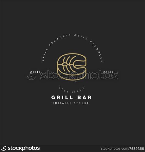 Vector icon and logo for meat and grill cafe or steak restaurant. Editable outline stroke size. Line flat contour, thin and linear design. Simple icons. Concept illustration. Sign, symbol, element.. Vector icon and logo for meat and grill cafe or restaurant