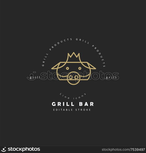 Vector icon and logo for meat and grill cafe or steak restaurant. Editable outline stroke size. Line flat contour, thin and linear design. Simple icons. Concept illustration. Sign, symbol, element.. Vector icon and logo for meat and grill cafe or restaurant