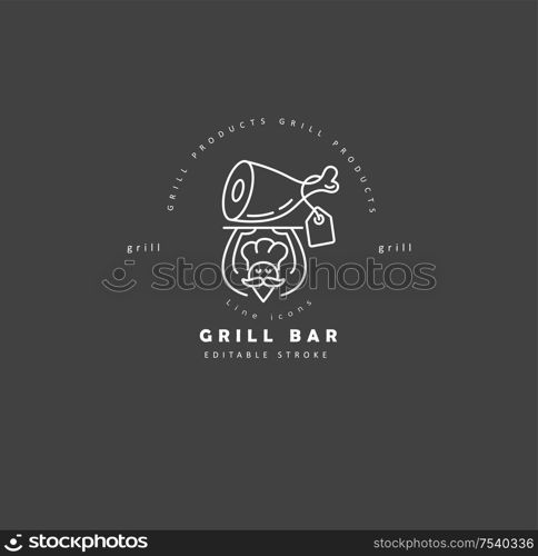 Vector icon and logo for meat and grill cafe or steak restaurant. Editable outline stroke size. Line flat contour, thin and linear design. Simple icons. Concept illustration. Sign, symbol, element.. Vector icon and logo for meat and grill cafe or restaurant