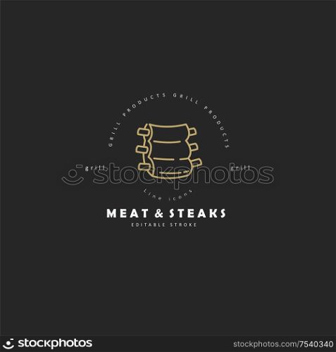 Vector icon and logo for meat and grill cafe or steak restaurant. Editable outline stroke size. Line flat contour, thin and linear design. Simple icons. Concept illustration. Sign, symbol, element.. Vector icon and logo for meat and grill cafe or restaurant