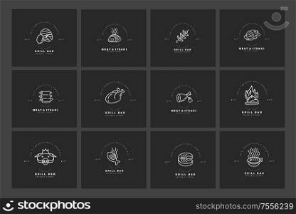 Vector icon and logo for meat and grill cafe or steak restaurant. Editable outline stroke size. Line flat contour, thin and linear design. Simple icons. Concept illustration. Sign, symbol, element.. Vector icon and logo for meat and grill cafe or steak restaurant. Editable outline stroke size. Line flat contour, thin and linear design. Simple icons. Concept illustration
