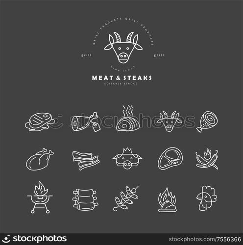 Vector icon and logo for meat and grill cafe or steak restaurant. Editable outline stroke size. Line flat contour, thin and linear design. Simple icons. Concept illustration. Sign, symbol, element.. Vector icon and logo for meat and grill cafe or restaurant