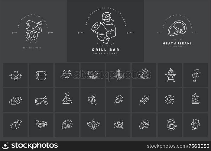 Vector icon and logo for meat and grill cafe or steak restaurant. Editable outline stroke size. Line flat contour, thin and linear design. Simple icons. Concept illustration. Sign, symbol, element.. Vector icon and logo for meat and grill cafe or steak restaurant. Editable outline stroke size. Line flat contour, thin and linear design. Simple icons. Concept illustration