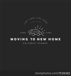 Vector icon and logo for moving to a new home. Editable outline stroke size. Line flat contour, thin and linear design. Simple icons. Concept illustration. Sign, symbol, element.. Vector icon and logo for moving to a new home. Editable outline stroke