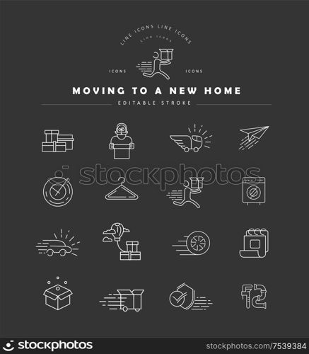 Vector icon and logo for moving to a new home. Editable outline stroke size. Line flat contour, thin and linear design. Simple icons. Concept illustration. Sign, symbol, element.. Vector icon and logo for moving to a new home. Editable outline stroke