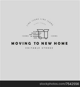 Vector icon and logo for moving to a new home. Editable outline stroke size. Line flat contour, thin and linear design. Simple icons. Concept illustration. Sign, symbol, element.. Vector icon and logo for moving to a new home. Editable outline stroke
