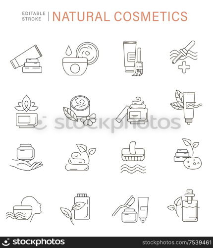 Vector icon and logo for natural cosmetics and care dry skin. Editable outline stroke size. Line flat contour, thin and linear design. Simple icons. Concept illustration. Sign, symbol, element.. Vector icon and logo for natural cosmetics and care dry skin