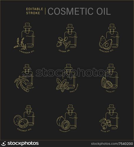 Vector icon and logo for natural cosmetics oil care dry skin. Editable outline stroke size. Line flat contour, thin and linear design. Simple icons. Concept illustration. Sign, symbol, element.. Vector icon and logo for natural cosmetics oil care dry skin