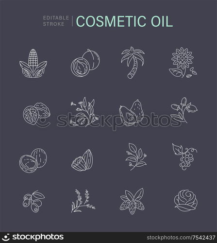 Vector icon and logo for natural cosmetics oil care dry skin. Editable outline stroke size. Line flat contour, thin and linear design. Simple icons. Concept illustration. Sign, symbol, element.. Vector icon and logo for natural cosmetics oil care dry skin