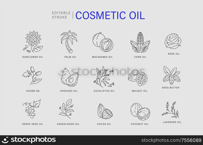 Vector icon and logo for natural cosmetics oil care dry skin. Editable outline stroke size. Line flat contour, thin and linear design. Simple icons. Concept illustration. Sign, symbol, element.. Vector icon and logo for natural cosmetics oil care dry skin