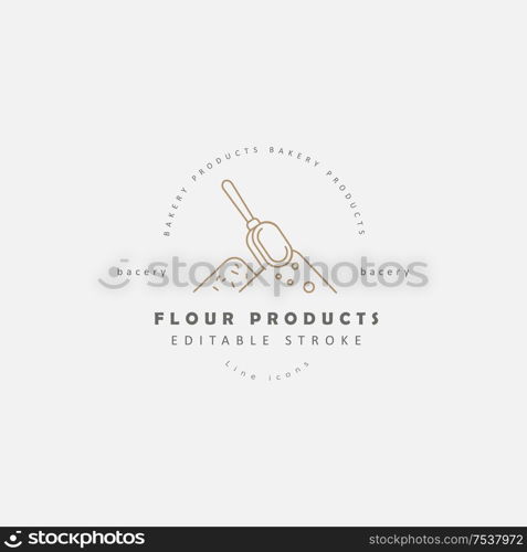 Vector icon and logo for natural flour product and bacery. Editable outline stroke size. Line flat contour, thin and linear design. Simple icons. Concept illustration. Sign, symbol, element.. Vector icon and logo for natural flour product and bacery