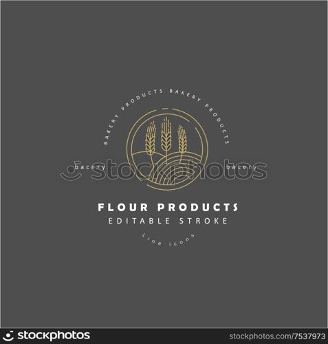 Vector icon and logo for natural flour product and bacery. Editable outline stroke size. Line flat contour, thin and linear design. Simple icons. Concept illustration. Sign, symbol, element.. Vector icon and logo for natural flour product and bacery