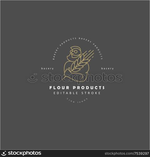 Vector icon and logo for natural flour product and bacery. Editable outline stroke size. Line flat contour, thin and linear design. Simple icons. Concept illustration. Sign, symbol, element.. Vector icon and logo for natural flour product and bacery