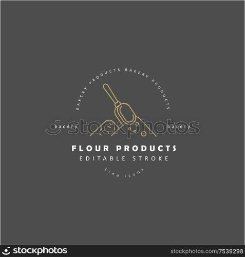 Vector icon and logo for natural flour product and bacery. Editable outline stroke size. Line flat contour, thin and linear design. Simple icons. Concept illustration. Sign, symbol, element.. Vector icon and logo for natural flour product and bacery