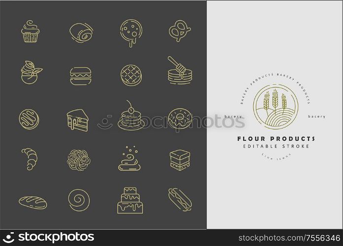 Vector icon and logo for natural flour product and bacery. Editable outline stroke size. Line flat contour, thin and linear design. Simple icons. Concept illustration. Sign, symbol, element.. Vector icon and logo for natural flour product and bacery. Editable outline stroke size. Line flat contour, thin and linear design. Simple icons