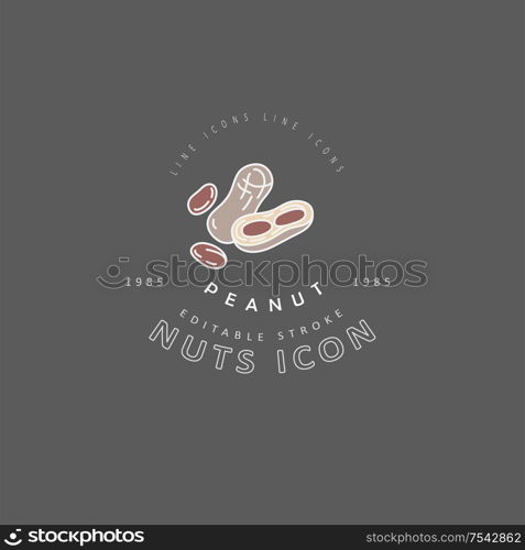 Vector icon and logo for nuts and seeds. Editable outline stroke size. Line flat contour, thin and linear design. Simple icons. Concept illustration. Sign, symbol, element.. Vector icon and logo for nuts and seeds. Editable outline stroke