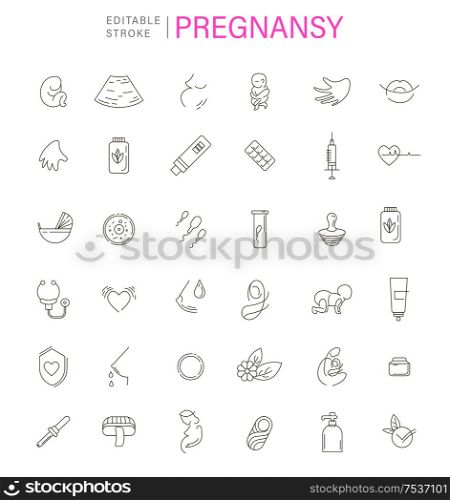 Vector icon and logo for pegnancy and gynecology. Editable outline stroke size. Line flat contour, thin and linear design for adoption and babysitter. Simple icons. Concept illustration. Sign, symbol, element.. Vector icon and logo for pegnancy and gynecology