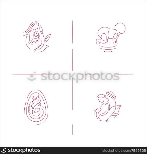 Vector icon and logo for pegnancy and gynecology. Editable outline stroke size. Line flat contour, thin and linear design for adoption and babysitter. Simple icons. Concept illustration. Sign, symbol, element.. Vector icon and logo for pegnancy and gynecology