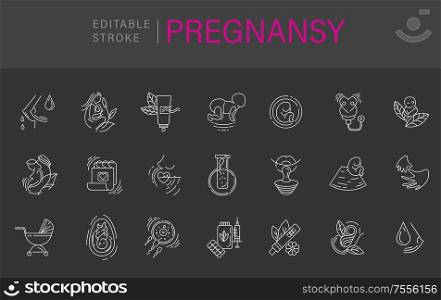 Vector icon and logo for pegnancy and gynecology. Editable outline stroke size. Line flat contour, thin and linear design for adoption and babysitter. Simple icons. Concept illustration. Sign, symbol, element.. Vector icon and logo for pegnancy and gynecology. Editable outline stroke size. Line flat contour, thin and linear design for adoption and babysitter