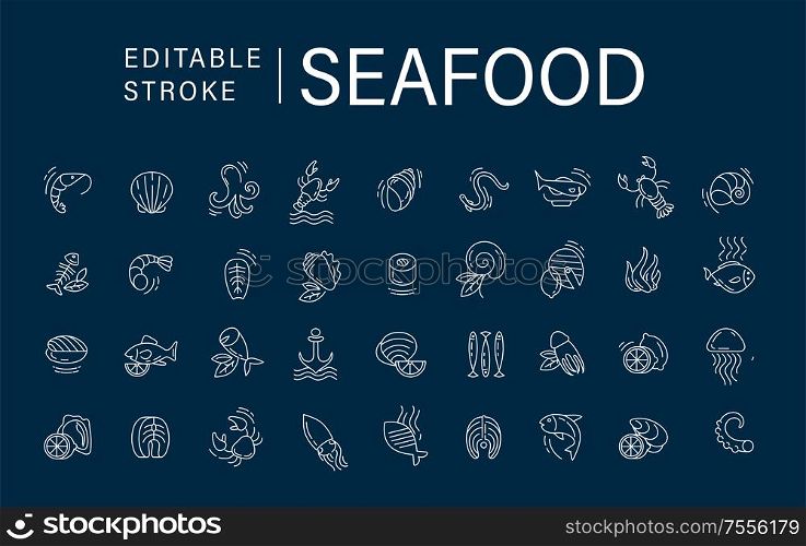 Vector icon and logo for seafood restaurant or cafe. Editable outline stroke size. Line flat contour, thin and linear design. Simple icons. Concept illustration. Sign, symbol, element.. Vector icon and logo for seafood restaurant or cafe. Editable outline stroke size. Line flat contour, thin and linear design. Simple icons. Concept illustration