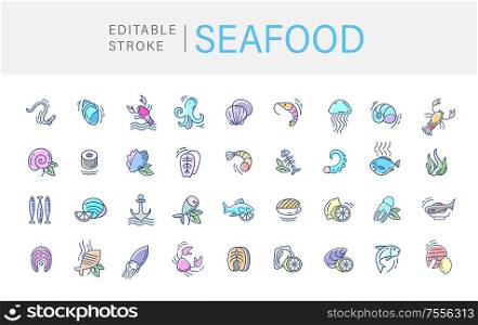 Vector icon and logo for seafood restaurant or cafe. Editable outline stroke size. Line flat contour, thin and linear design. Simple icons. Concept illustration. Sign, symbol, element.. Vector icon and logo for seafood restaurant or cafe. Editable outline stroke size. Line flat contour, thin and linear design. Simple icons. Concept illustration