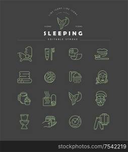 Vector icon and logo for sleeping. Editable outline stroke size. Line flat contour, thin and linear design. Simple icons. Concept illustration. Sign, symbol, element.. Vector icon and logo for sleeping. Editable outline stroke size.
