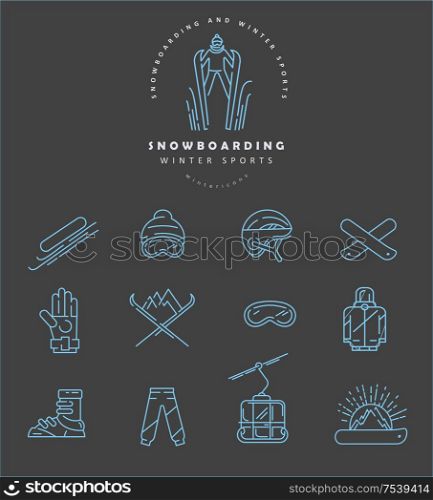 Vector icon and logo for snowboarding and skiing or other winter sports. Editable outline stroke size. Line flat contour, thin and linear design. Simple icons. Concept illustration. Sign, symbol, element.. Vector icon and logo for snowboarding and skiing or other winter sports