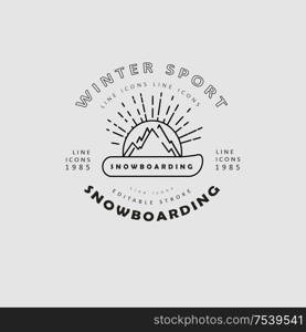 Vector icon and logo for snowboarding and skiing or other winter sports. Editable outline stroke size. Line flat contour, thin and linear design. Simple icons. Concept illustration. Sign, symbol, element.. Vector icon and logo for snowboarding and skiing or other winter sports