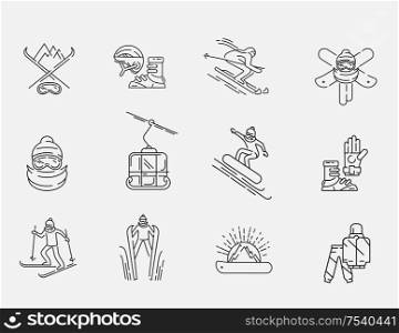 Vector icon and logo for snowboarding and skiing or other winter sports. Editable outline stroke size. Line flat contour, thin and linear design. Simple icons. Concept illustration. Sign, symbol, element.. Vector icon and logo for snowboarding and skiing or other winter sports