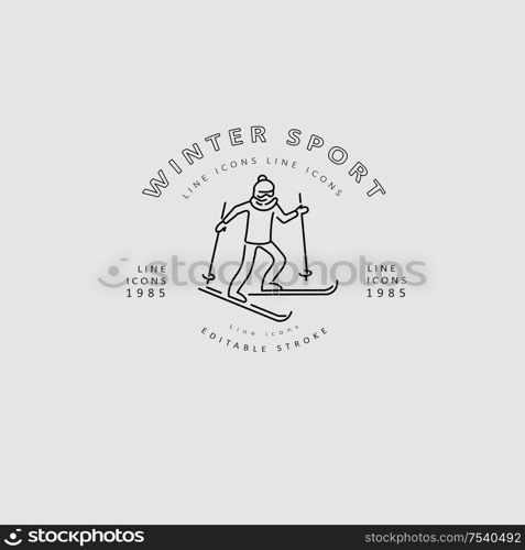 Vector icon and logo for snowboarding and skiing or other winter sports. Editable outline stroke size. Line flat contour, thin and linear design. Simple icons. Concept illustration. Sign, symbol, element.. Vector icon and logo for snowboarding and skiing or other winter sports