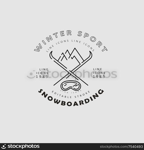 Vector icon and logo for snowboarding and skiing or other winter sports. Editable outline stroke size. Line flat contour, thin and linear design. Simple icons. Concept illustration. Sign, symbol, element.. Vector icon and logo for snowboarding and skiing or other winter sports