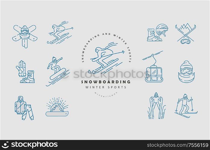 Vector icon and logo for snowboarding and skiing or other winter sports. Editable outline stroke size. Line flat contour, thin and linear design. Simple icons. Concept illustration. Sign, symbol, element.. Vector icon and logo for snowboarding and skiing or other winter sports. Editable outline stroke size. Line flat contour, thin and linear design. Simple icons. Concept illustration