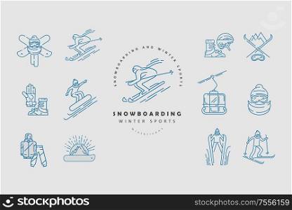 Vector icon and logo for snowboarding and skiing or other winter sports. Editable outline stroke size. Line flat contour, thin and linear design. Simple icons. Concept illustration. Sign, symbol, element.. Vector icon and logo for snowboarding and skiing or other winter sports. Editable outline stroke size. Line flat contour, thin and linear design. Simple icons. Concept illustration