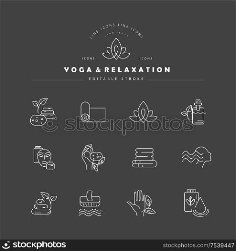 Vector icon and logo for yoga or relaxation. Editable outline stroke size. Line flat contour, thin and linear design. Simple icons. Concept illustration. Sign, symbol, element.. Vector icon and logo for yoga or relaxation. Editable outline stroke