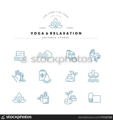 Vector icon and logo for yoga or relaxation. Editable outline stroke size. Line flat contour, thin and linear design. Simple icons. Concept illustration. Sign, symbol, element.. Vector icon and logo for yoga or relaxation. Editable outline stroke