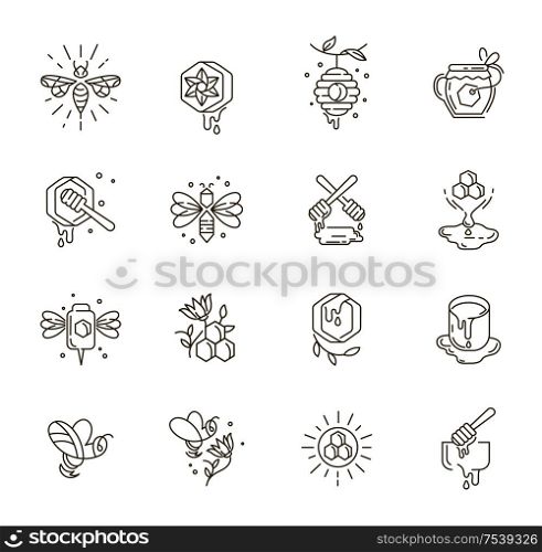 Vector icon and logo honey. Editable outline stroke size. Line flat contour, thin and linear design. Simple icons. Concept illustration. Sign, symbol, element.. Vector icon and logo honey. Editable outline stroke size