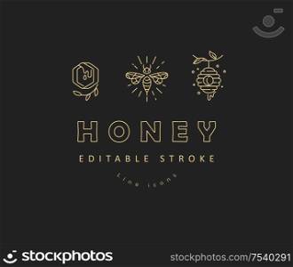 Vector icon and logo honey. Editable outline stroke size. Line flat contour, thin and linear design. Simple icons. Concept illustration. Sign, symbol, element.. Vector icon and logo honey. Editable outline stroke size