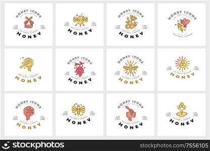Vector icon and logo honey. Editable outline stroke size. Line flat contour, thin and linear design. Simple icons. Concept illustration. Sign, symbol, element.. Vector icon and logo honey. Editable outline stroke size. Line flat contour, thin and linear design. Simple icons. Concept illustration