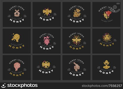 Vector icon and logo honey. Editable outline stroke size. Line flat contour, thin and linear design. Simple icons. Concept illustration. Sign, symbol, element.. Vector icon and logo honey. Editable outline stroke size. Line flat contour, thin and linear design. Simple icons. Concept illustration