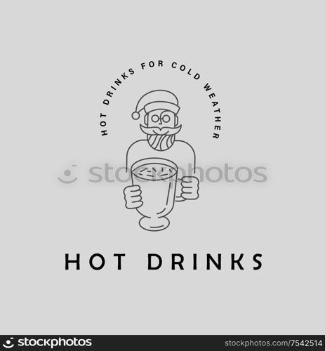 Vector icon and logo hot drinks for cold weather, merry Christmas and Happy New Year . Editable outline stroke size. Line flat contour, thin and linear design. Simple icons. Concept illustration. Sign, symbol, element.. Vector icon and logo hot drinks for cold weather, merry Christmas