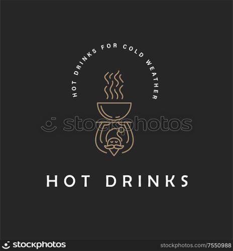 Vector icon and logo hot drinks for cold weather, merry Christmas and Happy New Year . Editable outline stroke size. Line flat contour, thin and linear design. Simple icons. Concept illustration. Sign, symbol, element.. Vector icon and logo hot drinks for cold weather, merry Christmas