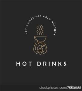 Vector icon and logo hot drinks for cold weather, merry Christmas and Happy New Year . Editable outline stroke size. Line flat contour, thin and linear design. Simple icons. Concept illustration. Sign, symbol, element.. Vector icon and logo hot drinks for cold weather, merry Christmas