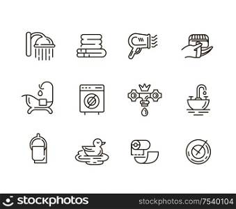 Vector icon and logo of bathroom. Editable outline stroke size. Line flat contour, thin and linear design. Simple icons. Concept illustration. Sign, symbol, element.. Vector icon and logo of bathroom. Editable outline stroke