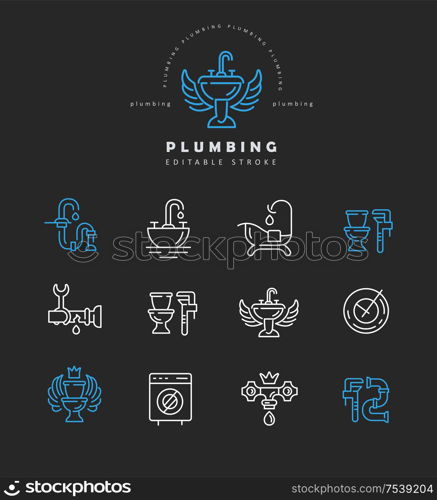 Vector icon and logo of plumbing. Editable outline stroke size. Line flat contour, thin and linear design. Simple icons. Concept illustration. Sign, symbol, element.. Vector icon and logo of plumbing. Editable outline stroke size