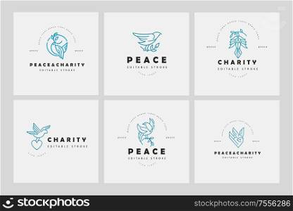 Vector icon and logo peace and charity. Editable outline stroke size. Line flat contour, thin and linear design. Simple icons. Concept illustration. Sign, symbol, element.. Vector icon and logo peace and charity. Editable outline stroke size. Line flat contour, thin and linear design. Simple icons. Concept illustration. Sign, symbol