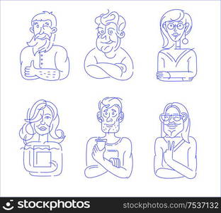 Vector icon and logo people character avatars, creative team. Editable outline stroke size. Line flat contour, thin and linear design. Simple icons. Concept illustration. Sign, symbol, element.. Vector icon and logo people character avatars